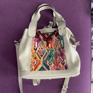 Custom made white leather and huipil bag